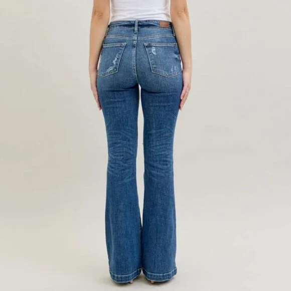 Judy Blue Button Fly Trouser Flare Jeans with Destroyed - Picture 4 of 4